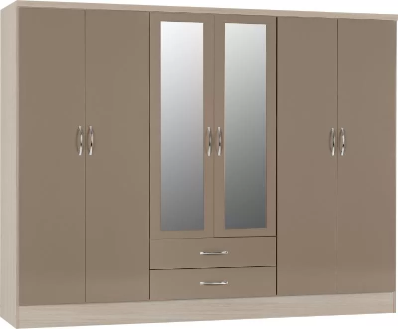 Nevada 6 Door 2 Drawer Mirrored Wardrobe in Oyster GlossLight Oak Effect Veneer