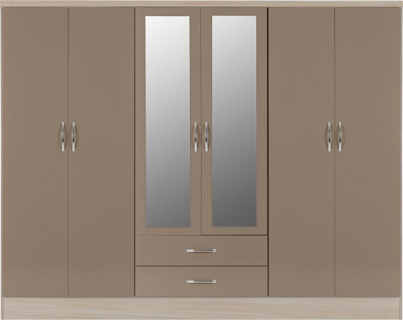 Nevada 6 Door 2 Drawer Mirrored Wardrobe in Oyster GlossLight Oak Effect Veneer - Image 3