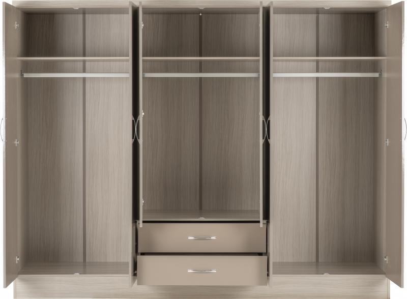 Nevada 6 Door 2 Drawer Mirrored Wardrobe in Oyster GlossLight Oak Effect Veneer - Image 2