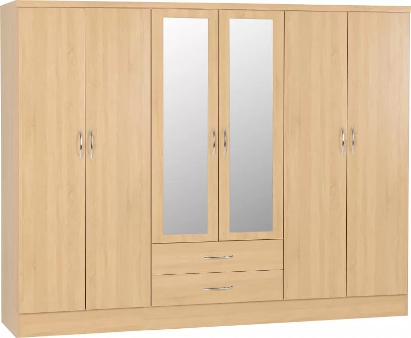Nevada 6 Door 2 Drawer Mirrored Wardrobe in Sonoma Oak Effect