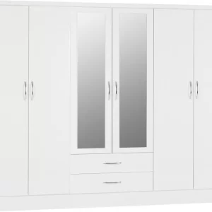 Nevada 6 Door 2 Drawer Mirrored Wardrobe in White GlossLight Oak Effect Veneer