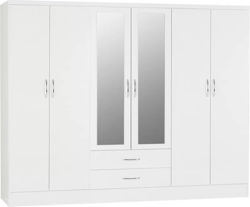 Nevada 6 Door 2 Drawer Mirrored Wardrobe in White GlossLight Oak Effect Veneer