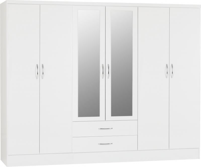 Nevada 6 Door 2 Drawer Mirrored Wardrobe in White GlossLight Oak Effect Veneer - Image 2