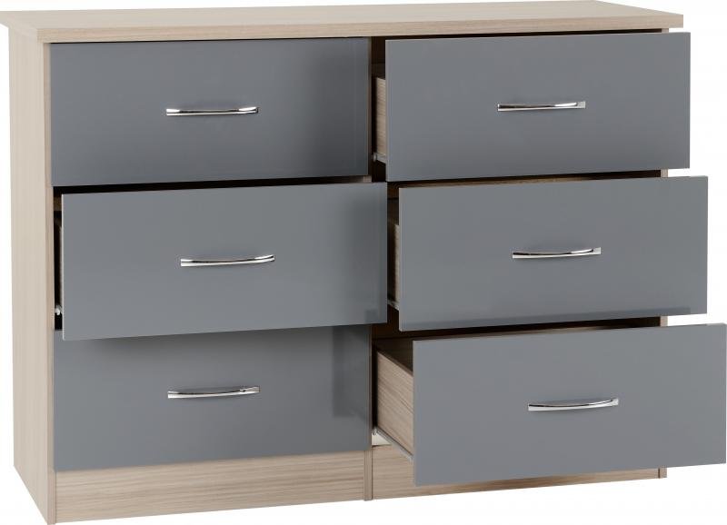 Nevada 6 Drawer Chest in Grey GlossLight Oak Effect Veneer - Image 2