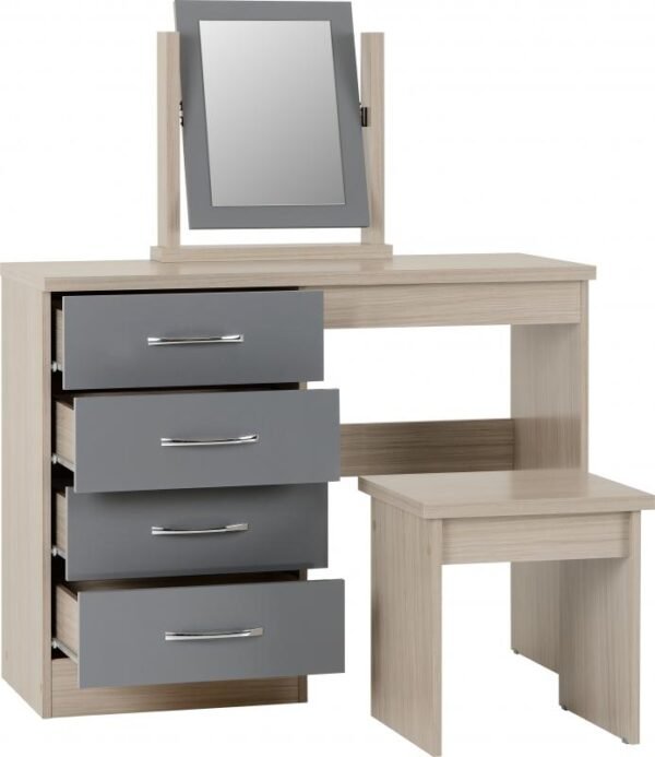 Nevada 4 Drawer Dressing Table Set in Grey GlossLight Oak Effect Veneer - Image 2
