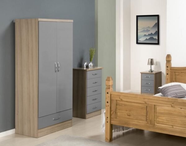 Nevada 2 Door 1 Drawer Wardrobe in Grey GlossLight Oak Effect Veneer - Image 10