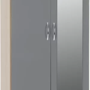 Nevada Mirrored 2 Door 1 Drawer Wardrobe in Grey GlossLight Oak Effect Veneer