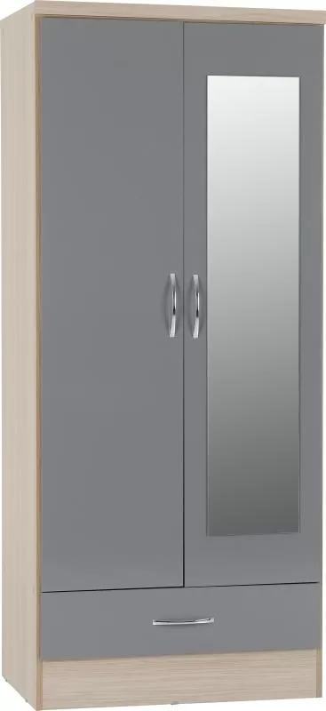 Nevada Mirrored 2 Door 1 Drawer Wardrobe in Grey GlossLight Oak Effect Veneer