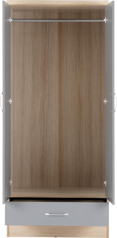 Nevada Mirrored 2 Door 1 Drawer Wardrobe in Grey GlossLight Oak Effect Veneer - Image 2