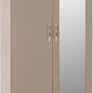 Nevada Mirrored 2 Door 1 Drawer Wardrobe in Oyster GlossLight Oak Effect Veneer