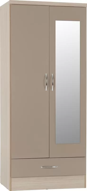 Nevada Mirrored 2 Door 1 Drawer Wardrobe in Oyster GlossLight Oak Effect Veneer