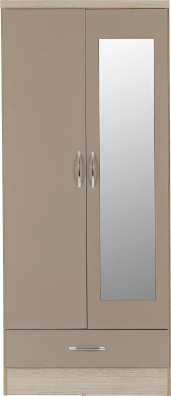 Nevada Mirrored 2 Door 1 Drawer Wardrobe in Oyster GlossLight Oak Effect Veneer - Image 7
