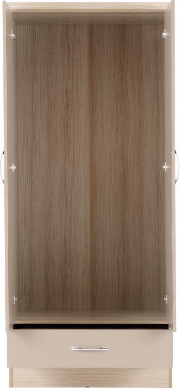 Nevada Mirrored 2 Door 1 Drawer Wardrobe in Oyster GlossLight Oak Effect Veneer - Image 6