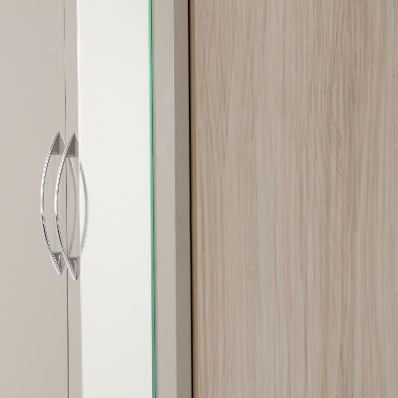 Nevada Mirrored 2 Door 1 Drawer Wardrobe in Oyster GlossLight Oak Effect Veneer - Image 3