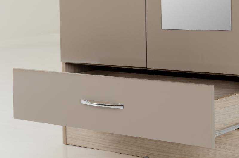 Nevada Mirrored 2 Door 1 Drawer Wardrobe in Oyster GlossLight Oak Effect Veneer - Image 2