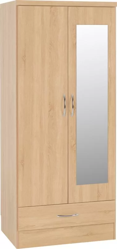 Nevada Mirrored 2 Door 1 Drawer Wardrobe in Sonoma Oak Effect