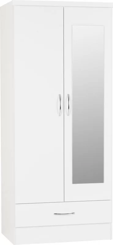 Nevada Mirrored 2 Door 1 Drawer Wardrobe in White Gloss