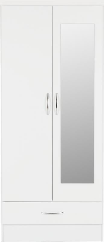 Nevada Mirrored 2 Door 1 Drawer Wardrobe in White Gloss - Image 8