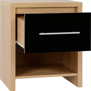 Seville 1 Drawer Bedside Cabinet in Black High GlossLight Oak Effect Veneer