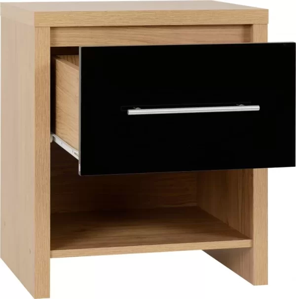 Seville 1 Drawer Bedside Cabinet in Black High GlossLight Oak Effect Veneer