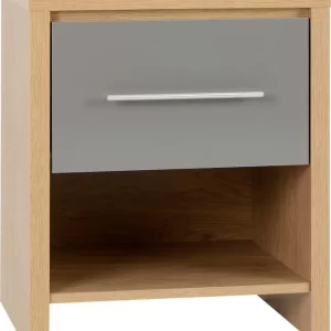 Seville 1 Drawer Bedside Cabinet in Grey High GlossLight Oak Effect Veneer