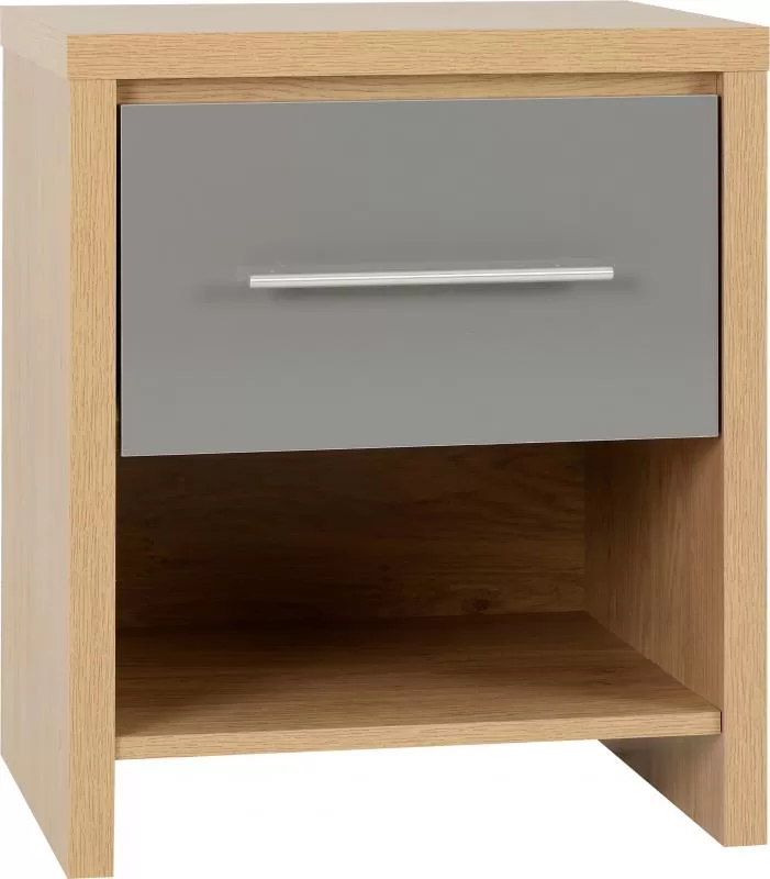 Seville 1 Drawer Bedside Cabinet in Grey High GlossLight Oak Effect Veneer