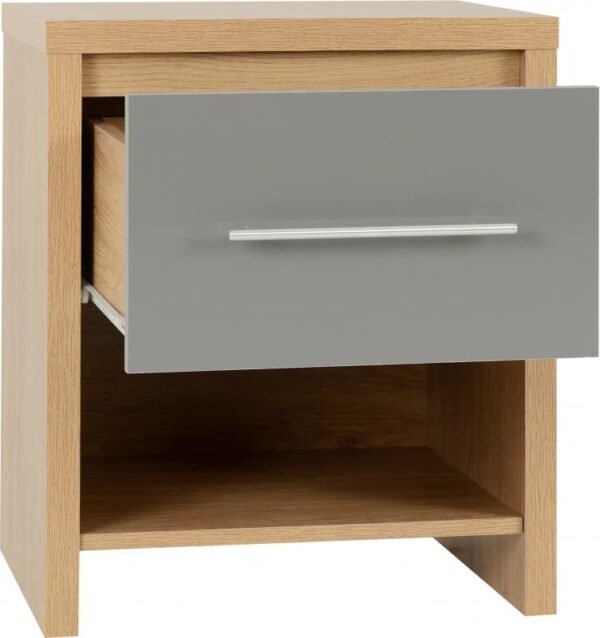 Seville 1 Drawer Bedside Cabinet in Grey High GlossLight Oak Effect Veneer - Image 7
