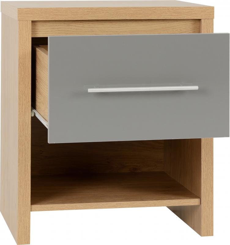 Seville 1 Drawer Bedside Cabinet in Grey High GlossLight Oak Effect Veneer - Image 7