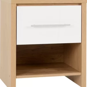 Seville 1 Drawer Bedside Cabinet in White High GlossLight Oak Effect Veneer