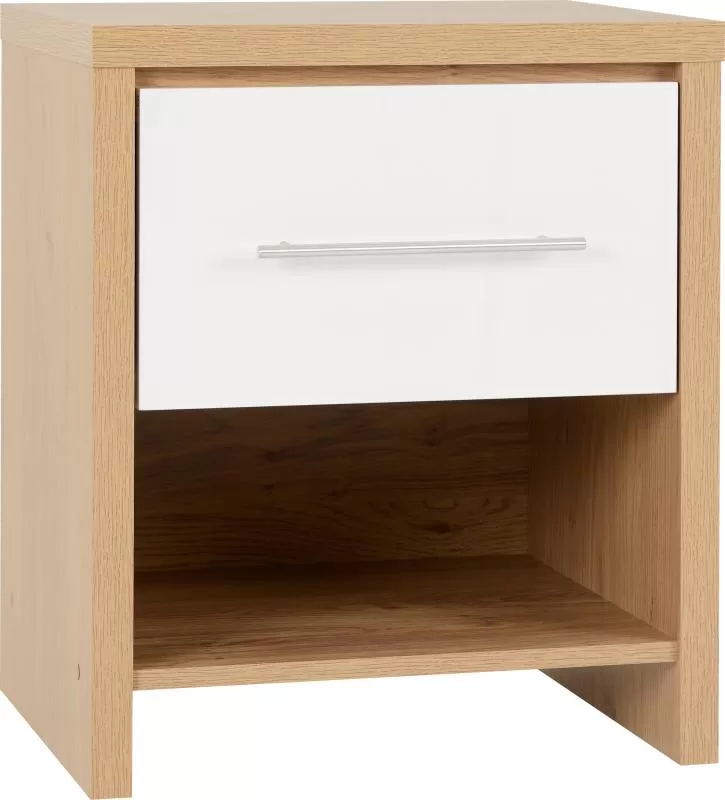 Seville 1 Drawer Bedside Cabinet in White High GlossLight Oak Effect Veneer