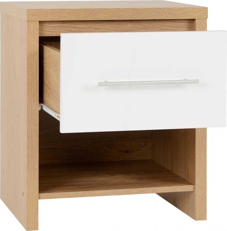 Seville 1 Drawer Bedside Cabinet in White High GlossLight Oak Effect Veneer - Image 8