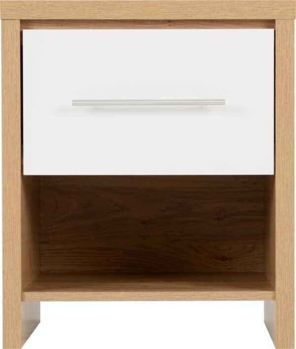 Seville 1 Drawer Bedside Cabinet in White High GlossLight Oak Effect Veneer - Image 7