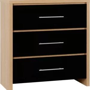 Seville 3 Drawer Chest in Black High GlossLight Oak Effect Veneer