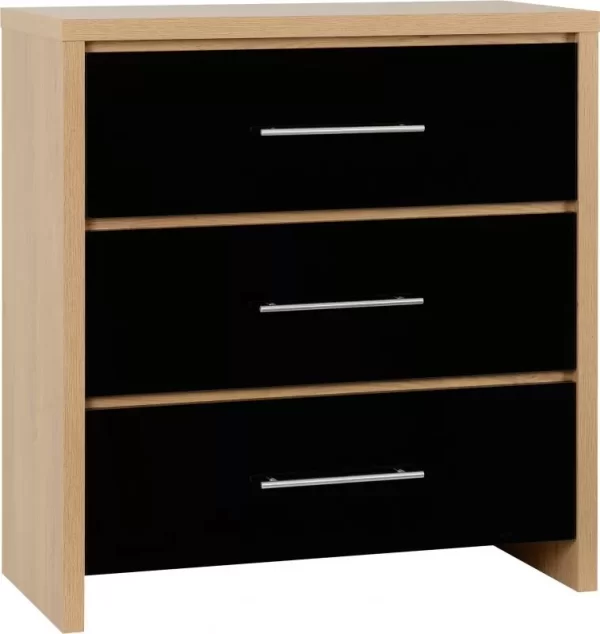 Seville 3 Drawer Chest in Black High GlossLight Oak Effect Veneer