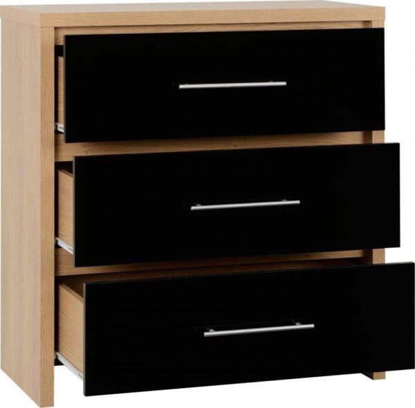 Seville 3 Drawer Chest in Black High GlossLight Oak Effect Veneer - Image 7