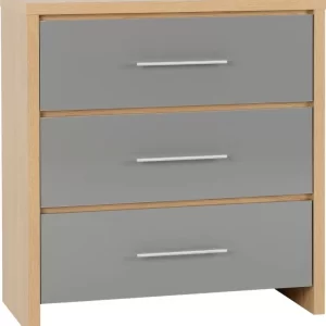 Seville 3 Drawer Chest in Grey High GlossLight Oak Effect Veneer