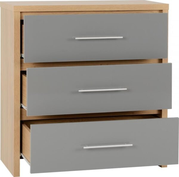 Seville 3 Drawer Chest in Grey High GlossLight Oak Effect Veneer - Image 5