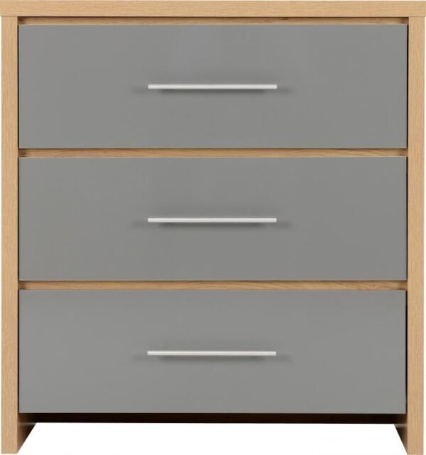 Seville 3 Drawer Chest in Grey High GlossLight Oak Effect Veneer - Image 4