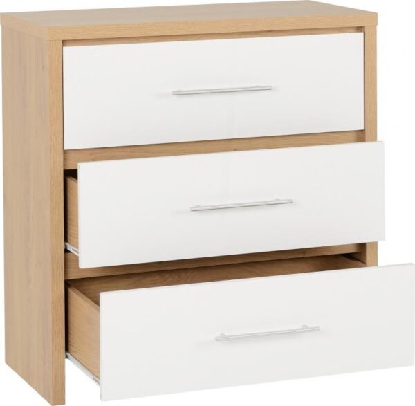 Seville 3 Drawer Chest in White High GlossLight Oak Effect Veneer - Image 8