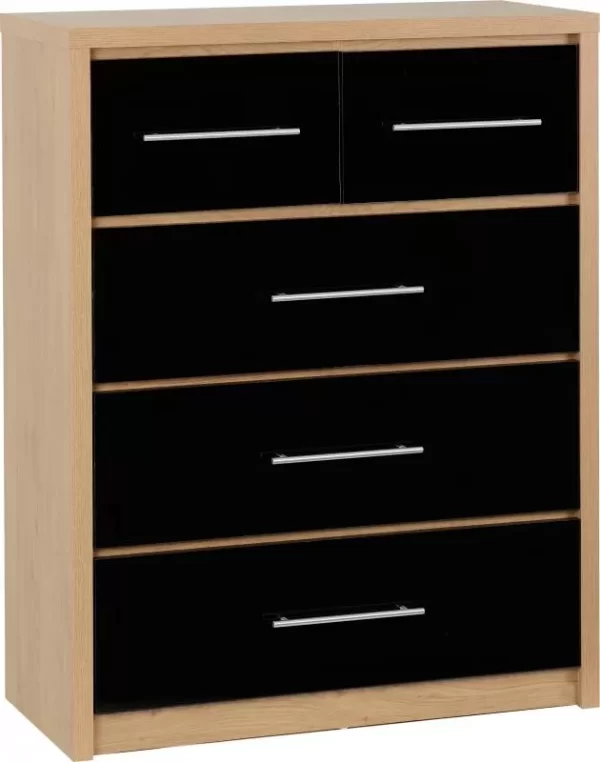Seville 3+2 Drawer Chest in Black High GlossLight Oak Effect Veneer