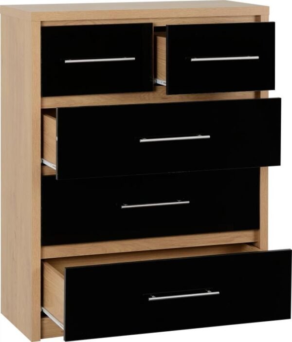 Seville 3+2 Drawer Chest in Black High GlossLight Oak Effect Veneer - Image 2