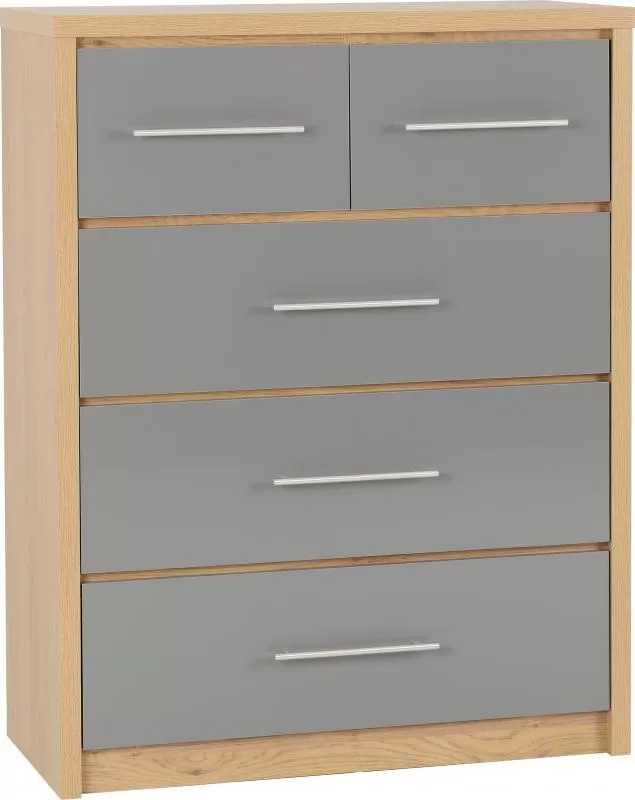 Seville 3+2 Drawer Chest in Grey High GlossLight Oak Effect Veneer