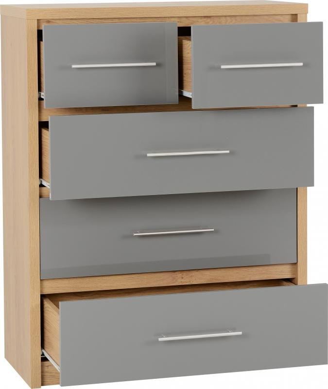 Seville 3+2 Drawer Chest in Grey High GlossLight Oak Effect Veneer - Image 2