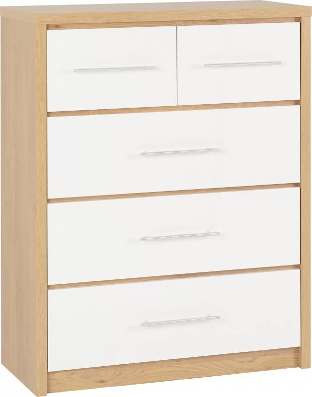 Seville 3+2 Drawer Chest in White High GlossLight Oak Effect Veneer
