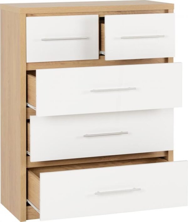 Seville 3+2 Drawer Chest in White High GlossLight Oak Effect Veneer - Image 7