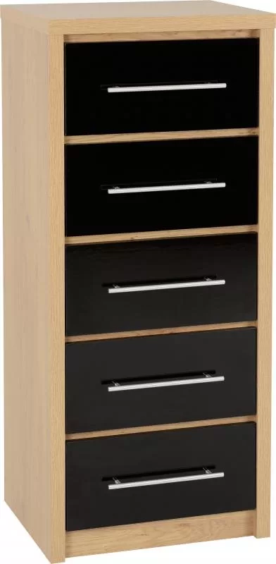 Seville 5 Drawer Narrow Chest in Black High GlossLight Oak Effect Veneer