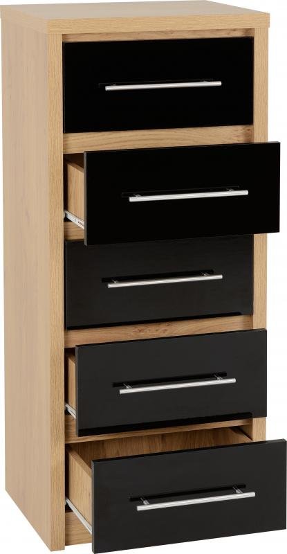 Seville 5 Drawer Narrow Chest in Black High GlossLight Oak Effect Veneer - Image 2