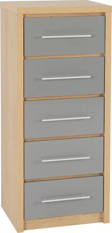 Seville 5 Drawer Narrow Chest in Grey High GlossLight Oak Effect Veneer