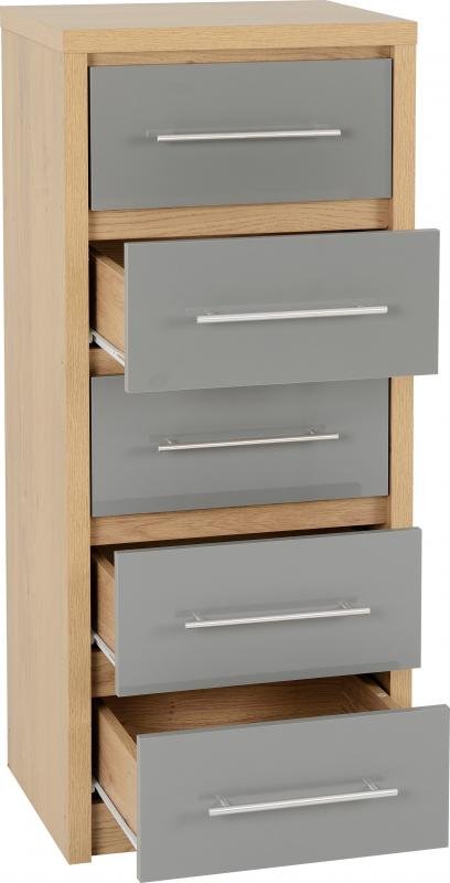 Seville 5 Drawer Narrow Chest in Grey High GlossLight Oak Effect Veneer - Image 8