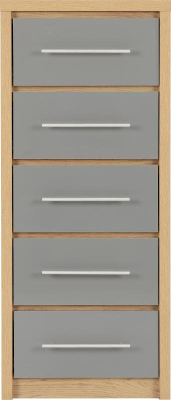 Seville 5 Drawer Narrow Chest in Grey High GlossLight Oak Effect Veneer - Image 7